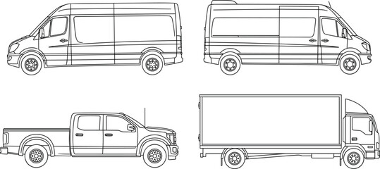 Commercial transport vehicles outline vector set, cargo vans, pickup truck, box delivery truck illustrations, isolated logistics fleet collection design © NourjahanWorlds