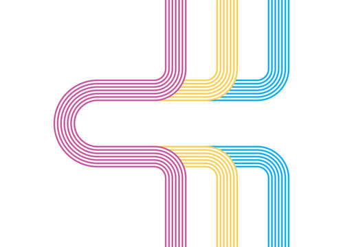 Abstract Vector pattern of colored parallel retro lines on a white background. Sporty vector background of curved intertwined lines. Striped arches. 60s - 80s design element. Flow, roads, disco, hippi
