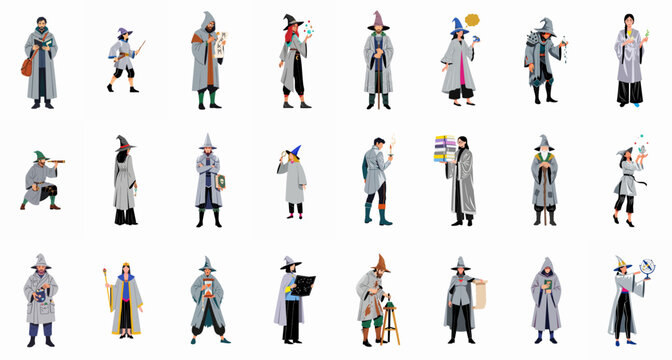 Collection of Fantasy Characters: Male and Female Wizards, Mages, and Sorcerers Engaged in Magic, Alchemy, and Ancient Studies, Isolated Vector Set.
