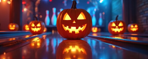 Fototapeta premium Lit jack-o-lanterns on bowling alley lanes. Scary faces glow in dim light. Festive autumn scene with spooky decorations and reflected lights. Halloween celebration.