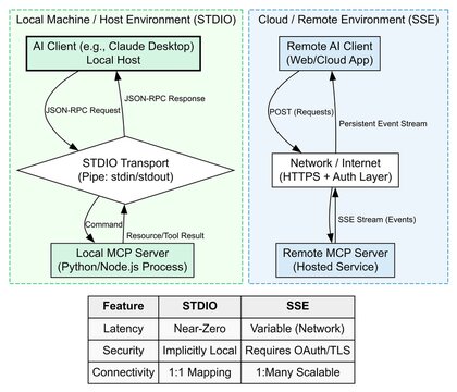 MCP Server Architecture Diagram: STDIO vs. SSE Transport for AI Agent Workflows