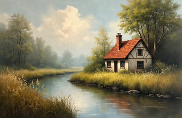 Oil painting of a cottage by a river. Tall green trees stand behind the white house with a red roof. Yellow grass grows along the calm water bank.
