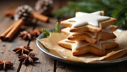 Fototapeta premium Star cookies with white icing on rustic wood table with cinnamon sticks and anise. Festive holiday baking ingredients, seasonal dessert preparation for Christmas celebration, close up view.