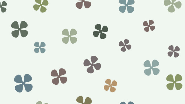 Minimalist seamless pattern with small colorful four petal clover or flower shapes on an off white background.