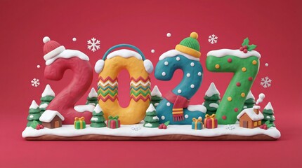 Colorful 3d numbers 2027 with snow and winter decorations on red background