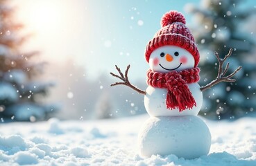 Fototapeta premium Cute snowman in red hat and scarf smiles in snowy winter landscape. Frosted trees and bright sun in background. Winter fun and holiday cheer.