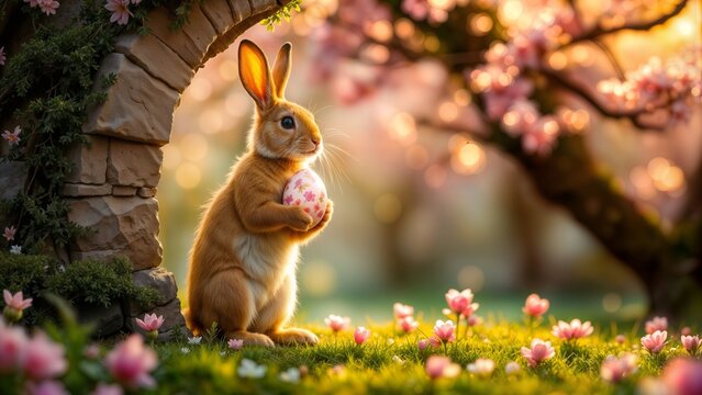 Osterhase mit Osterei im Fr&uuml;hlingsgarten bei Sonnenuntergang, niedliches Kaninchen zwischen rosa Bl&uuml;ten