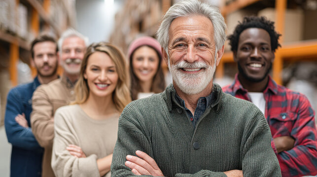 Diverse group of smiling coworkers standing confidently in a warehouse, showcasing teamwork and positive work environment.
