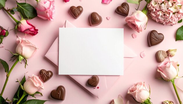 Valentine's Day celebration with roses, chocolates, and card on pastel pink background from above view