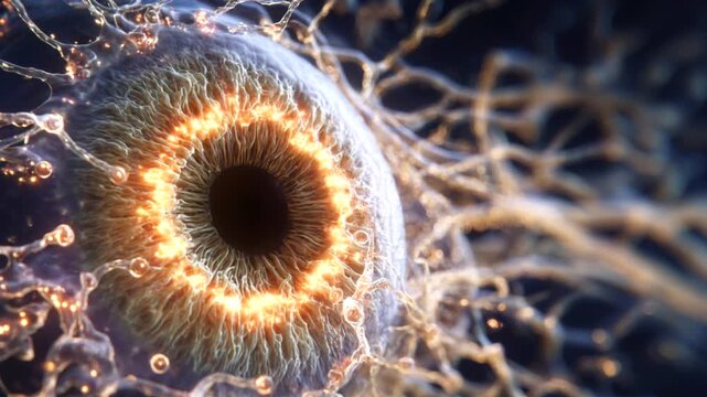 Abstract closeup of an eye neural network where glowing nanoparticles of rhodopsin activate retinal photoreceptors and form awakening vision pixels