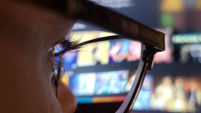 Close Up of an eye behind glasses reflecting a tv screen with colorful content