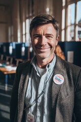 Obraz premium Portrait of a man wearing a 'Vote' badge at a polling station, civic participation moment