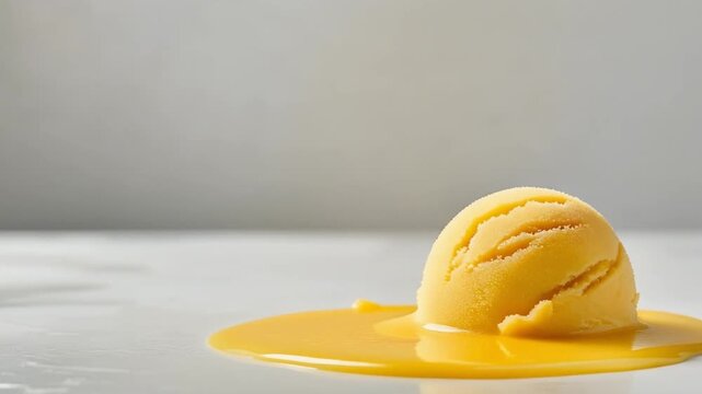 Golden Ice Cream Scoop Melting into a Sweet Pool on a White Surface