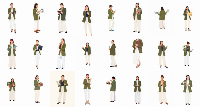 Set of illustrations featuring a modern business woman in diverse professional roles and actions, wearing a green blazer and white pants.