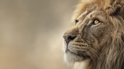 Fototapeta premium Portrait of a young lion in profile with generous copy space for banner text