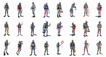 Set of flat vector illustrations depicting professional scuba divers in full gear, holding tools for research, exploration, instruction, and underwater safety. © Sabiqul