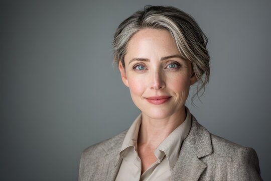 Professional businesswoman headshot portrait with neutral backdrop and studio lighting