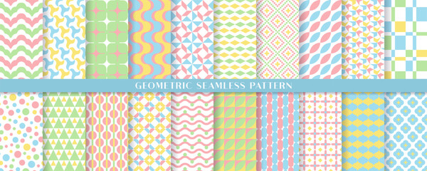 パステルカラーの幾何学模様のシームレスパターンセット（春）