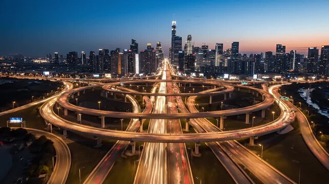 Expansive night highway interchange with city skyline and light trails