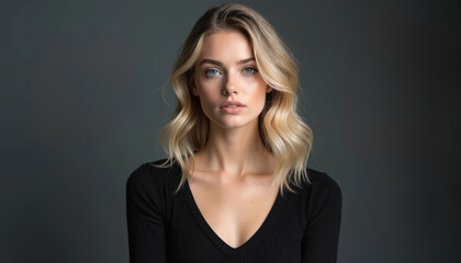 Fototapeta premium Young blonde woman poses for studio portrait. Female face with blue eyes and wavy hair looks forward. Person wears black V-neck shirt on gray background.
