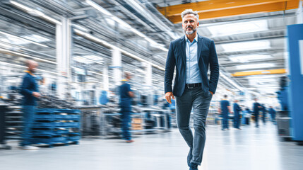 Obraz premium A confident businessman walking through a modern, busy industrial factory with blurred workers and machinery in the background.