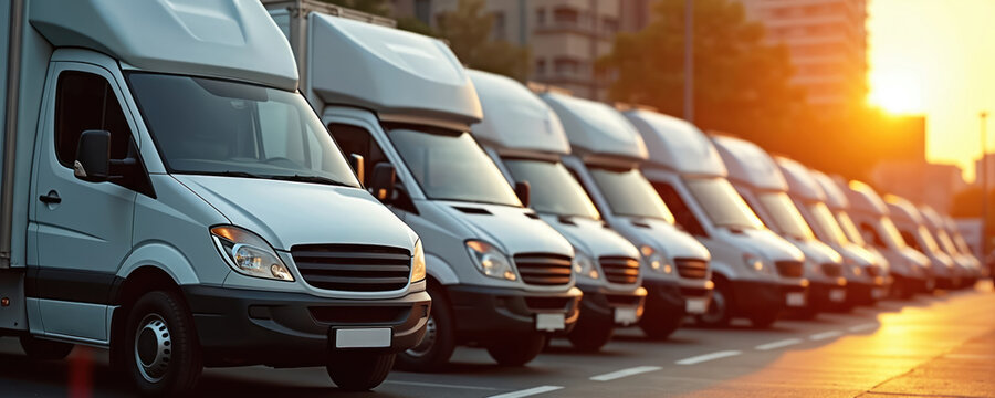 White delivery vans lined up on city street at sunset. Many vehicles park in neat row during golden hour. Logistics transport business ready for work.