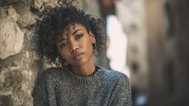 Quiet moment outside in a stone corridor featuring a casually dressed Black woman
