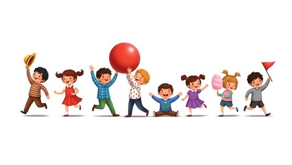 Fototapeta premium Diverse Children Playing Together Vector Illustration, Joyful Childhood Fun Scene, Ideal for Educational Materials and Kids' Brands