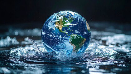 Globe floating on water with splashes around it.