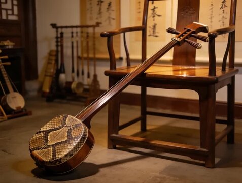 chinese erhu standing beside wooden chair in cultural music video