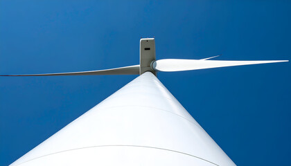 Close-up view of a white wind turbine against a clear blue sky.
