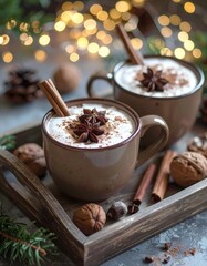 Zwei dampfende Tasse hei&szlig;e Schokolade stehen auf einer Holztablett neben einem leuchtenden Weihnachtsbaum, der in warmes, filmisches Licht mit sanftem Bokeh 