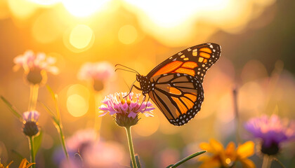Monarch butterfly on a flower in a sunny meadow.