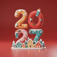 Colorful 2027 new year decoration with snowflakes and houses on red background