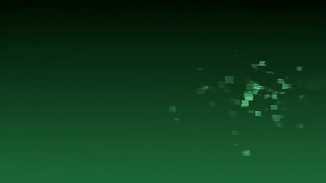 Abstract digital particles scatter on a dark green gradient background