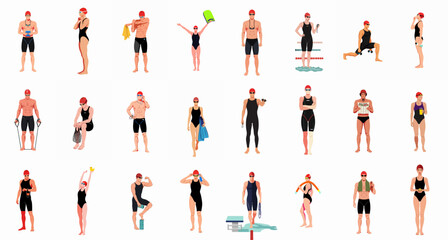 Collection of professional swimmers and aquatic athletes performing warm-up, training, and cool-down exercises with various swimming equipment. © Sabiqul