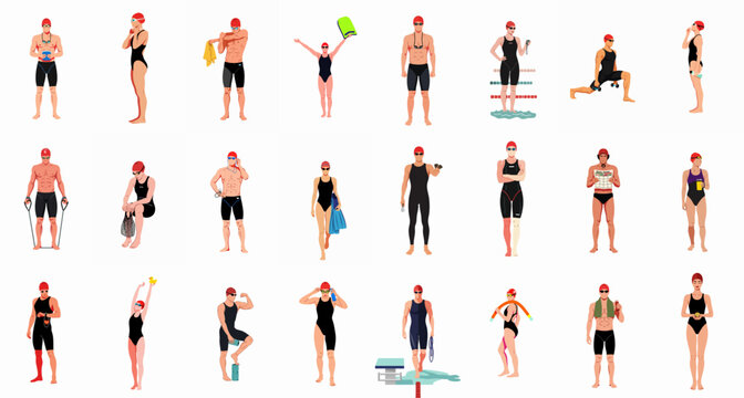 Collection of professional swimmers and aquatic athletes performing warm-up, training, and cool-down exercises with various swimming equipment.
