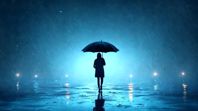 A solitary figure with an umbrella stands in the rain, illuminated by blue lights