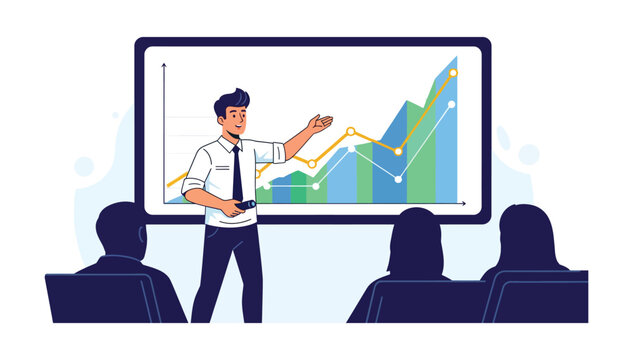 Business professional presenting data analysis to audience using large computer screen display with graphs and charts