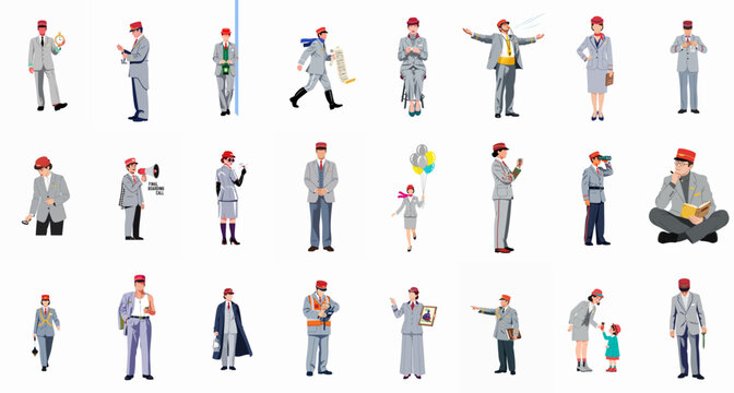 A comprehensive collection of retro-style railway attendants and hospitality staff in various action poses and professional roles.