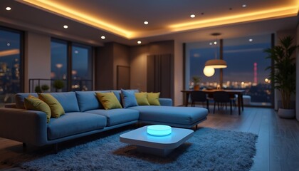 Modern living room at night with smart device glowing blue on coffee table. Cozy atmosphere with soft lights from ceiling and city view outside window. Comfortable blue sofa with yellow pillows.