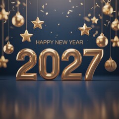 Happy new year 2027 gold balloons and decorations on dark background