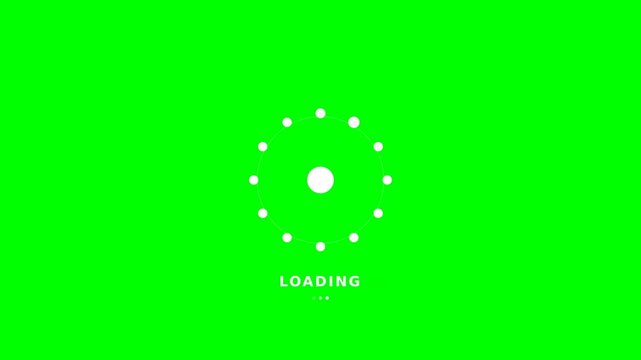 A bright green loading screen featuring a circular animation of dots surrounding a central point