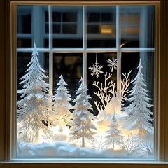 Fototapete Mädchenzimmer winter forest scene displayed in window, featuring white trees, snowflakes, and soft glow. enchanting evokes sense of holiday magic and warmth  © kora studio