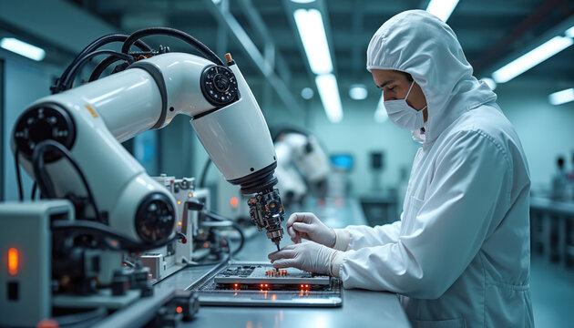 Scientist in cleanroom suit works with robotic arm on circuit board. Technician adjusts advanced machinery for precise microchip assembly. Future tech innovation in electronics manufacturing lab