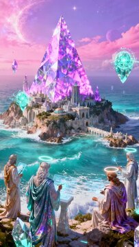 Atlantis before the fall, magnificent island city with crystal pyramids, floating energy orbs, divine scientists and gods working with light technology, blue ocean, glowing skies, lost civilization