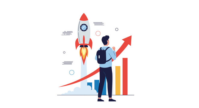 Man with backpack looking at a launching rocket and rising bar chart, representing startup acceleration and observing business growth.