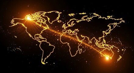 Illuminated world map highlighting connections with points, glows, and radiating light on black background