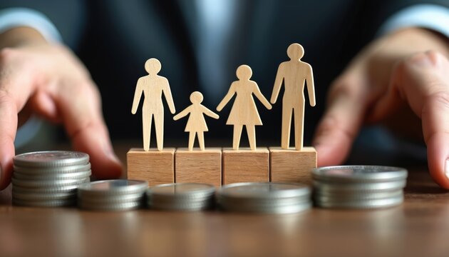 Wooden family figures stand on blocks above coins. Hands carefully place coin stacks around family unit. Concepts include finance investment legacy asset protection and generational wealth building.