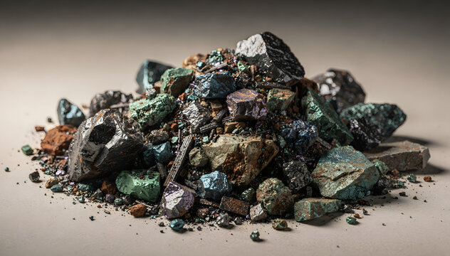 Intricate Metallic Ore Pile on Neutral Backdrop, Suggesting Raw Materials, Mining, and Earth's Hidden Treasures; Perfect for Science and Industry Publications